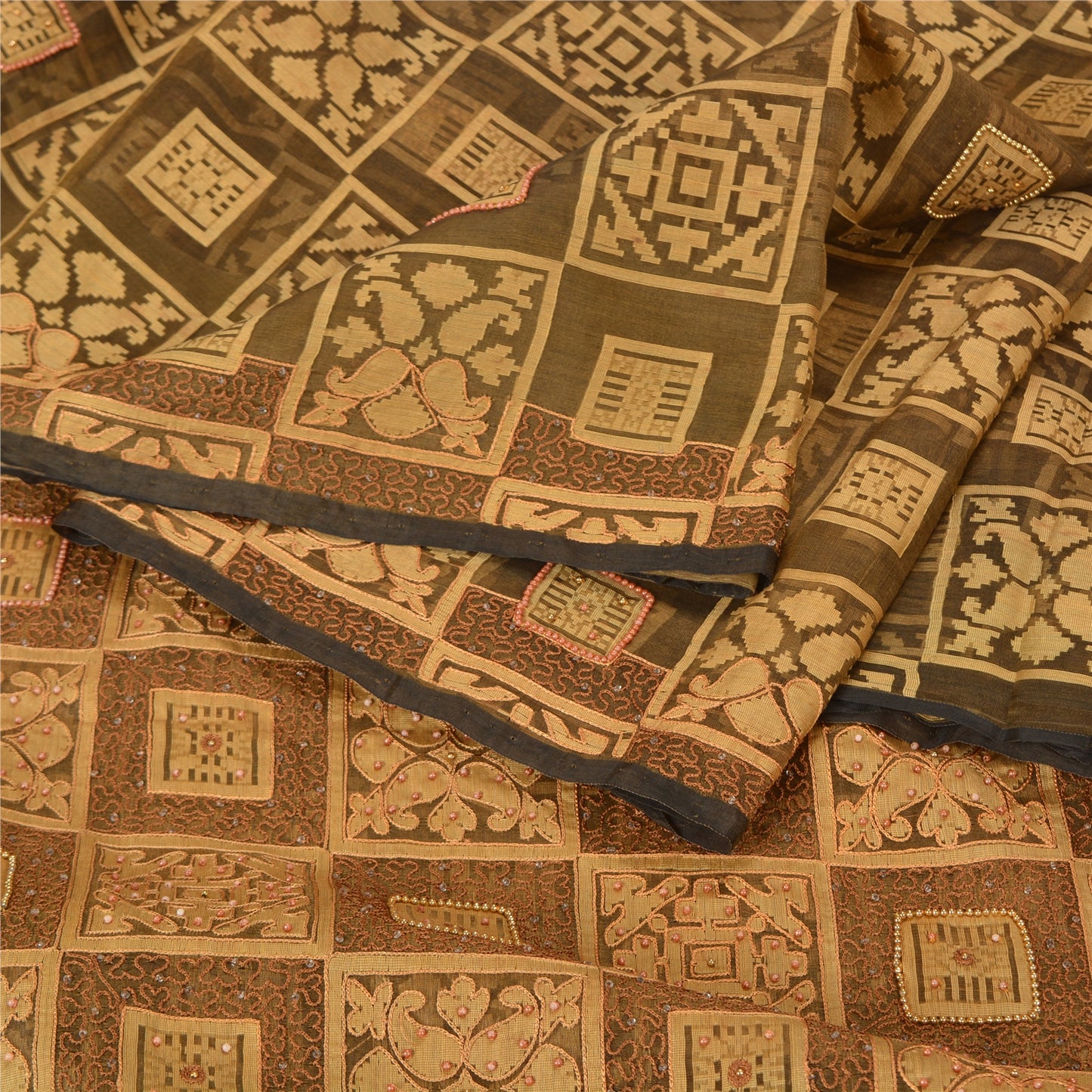 Sanskriti Vintage Green Sarees Pure Organza Silk Hand Beaded Woven Sari Sustainable Fabric