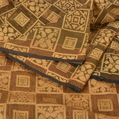 Sanskriti Vintage Green Sarees Pure Organza Silk Hand Beaded Woven Sari Sustainable Fabric