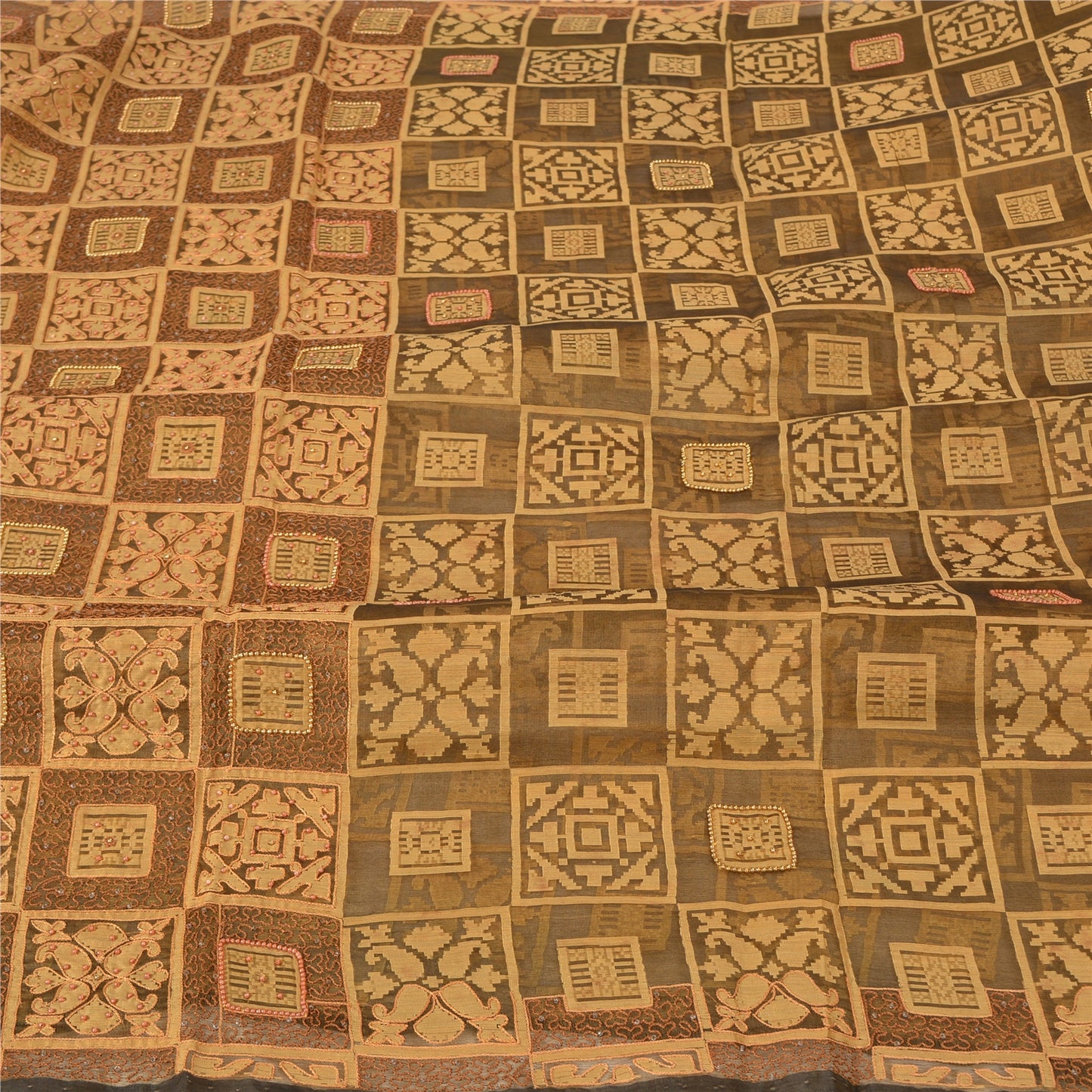 Sanskriti Vintage Green Sarees Pure Organza Silk Hand Beaded Woven Sari Sustainable Fabric