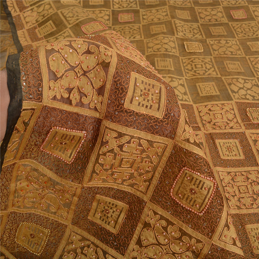 Sanskriti Vintage Green Sarees Pure Organza Silk Hand Beaded Woven Sari Sustainable Fabric