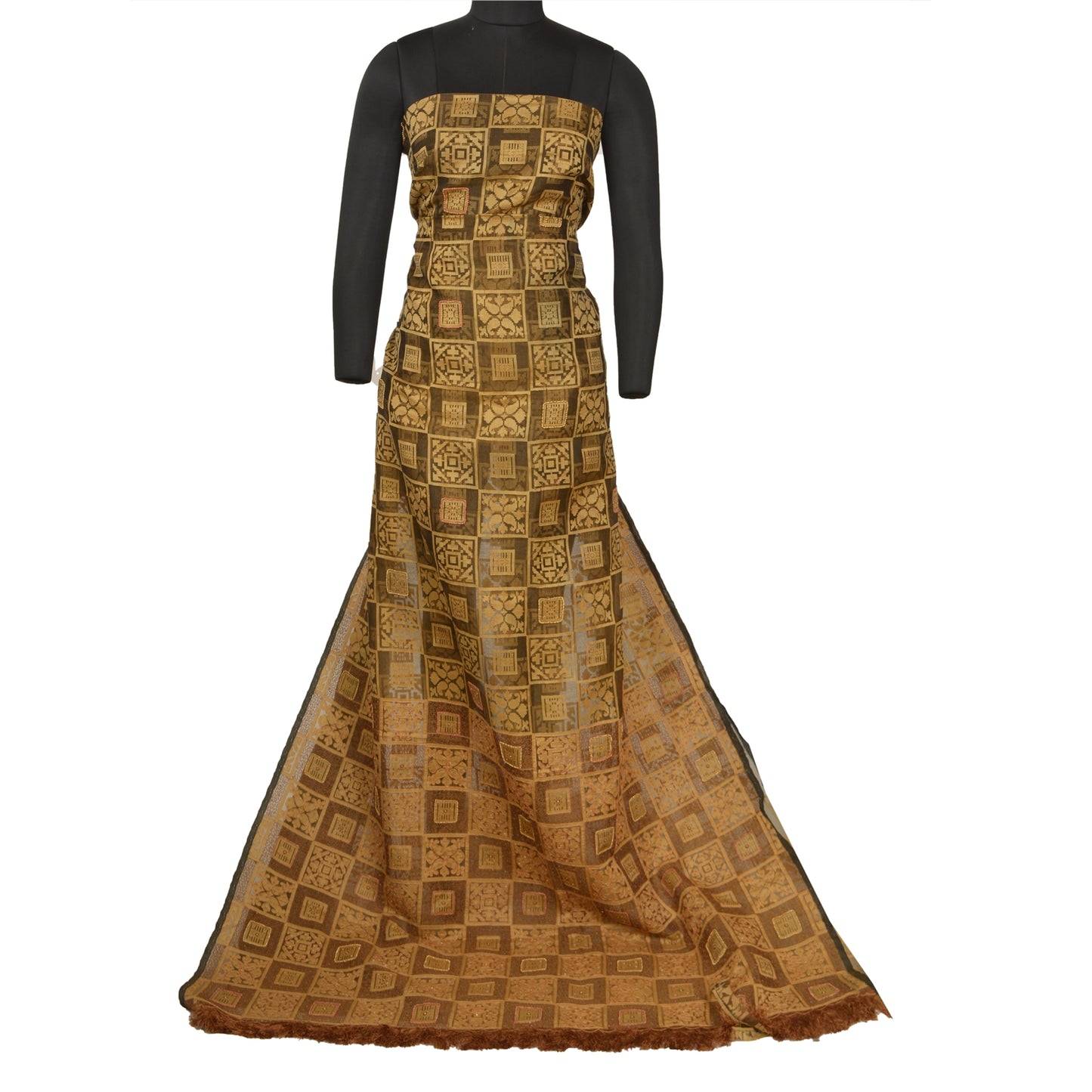 Sanskriti Vintage Green Sarees Pure Organza Silk Hand Beaded Woven Sari Sustainable Fabric