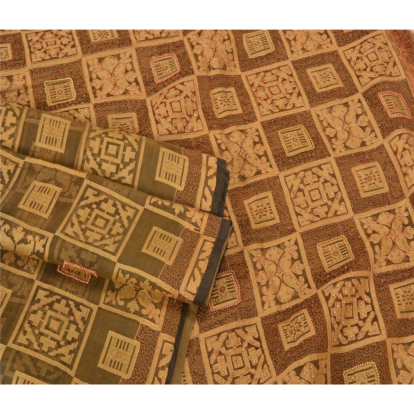 Sanskriti Vintage Green Sarees Pure Organza Silk Hand Beaded Woven Sari Sustainable Fabric