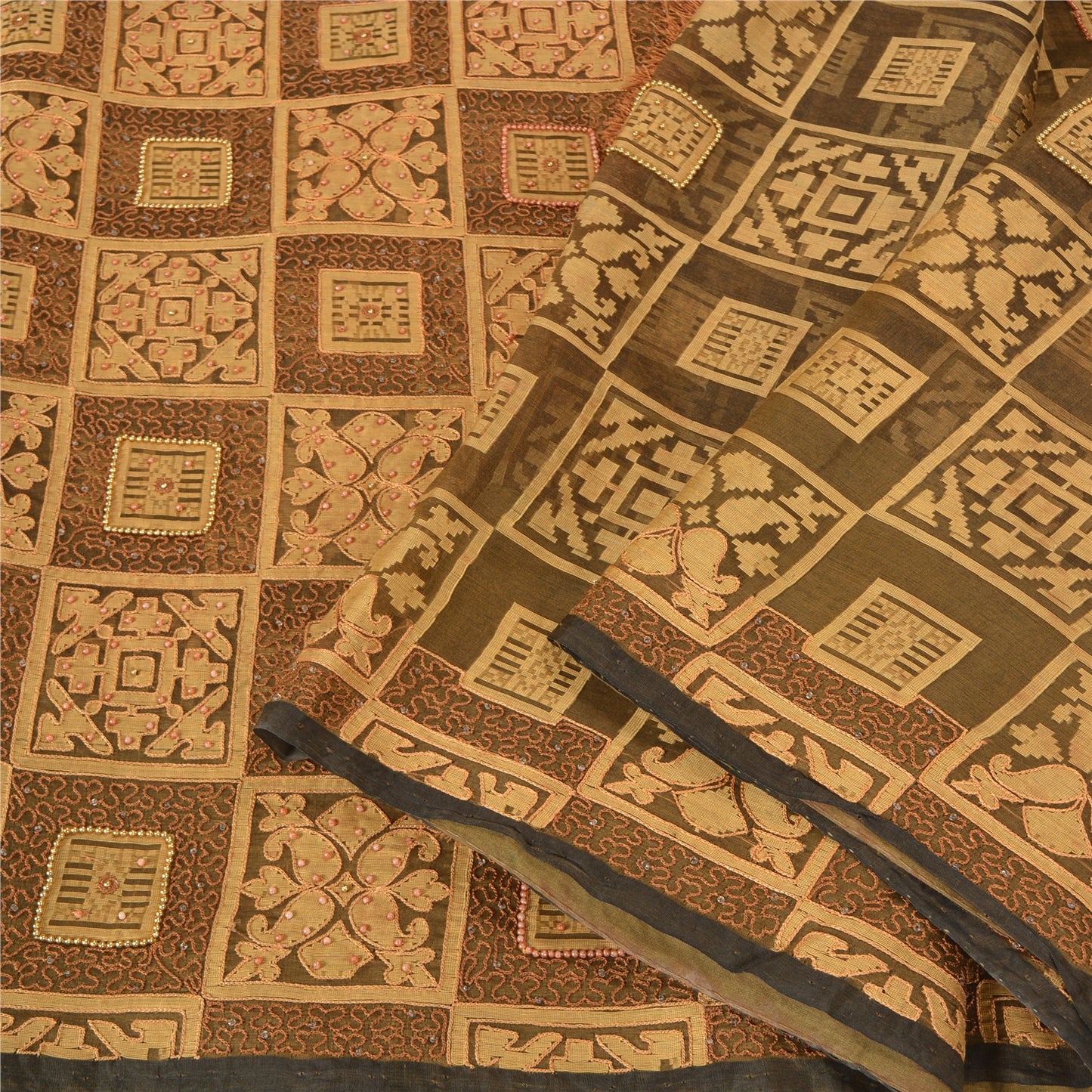 Sanskriti Vintage Green Sarees Pure Organza Silk Hand Beaded Woven Sari Sustainable Fabric