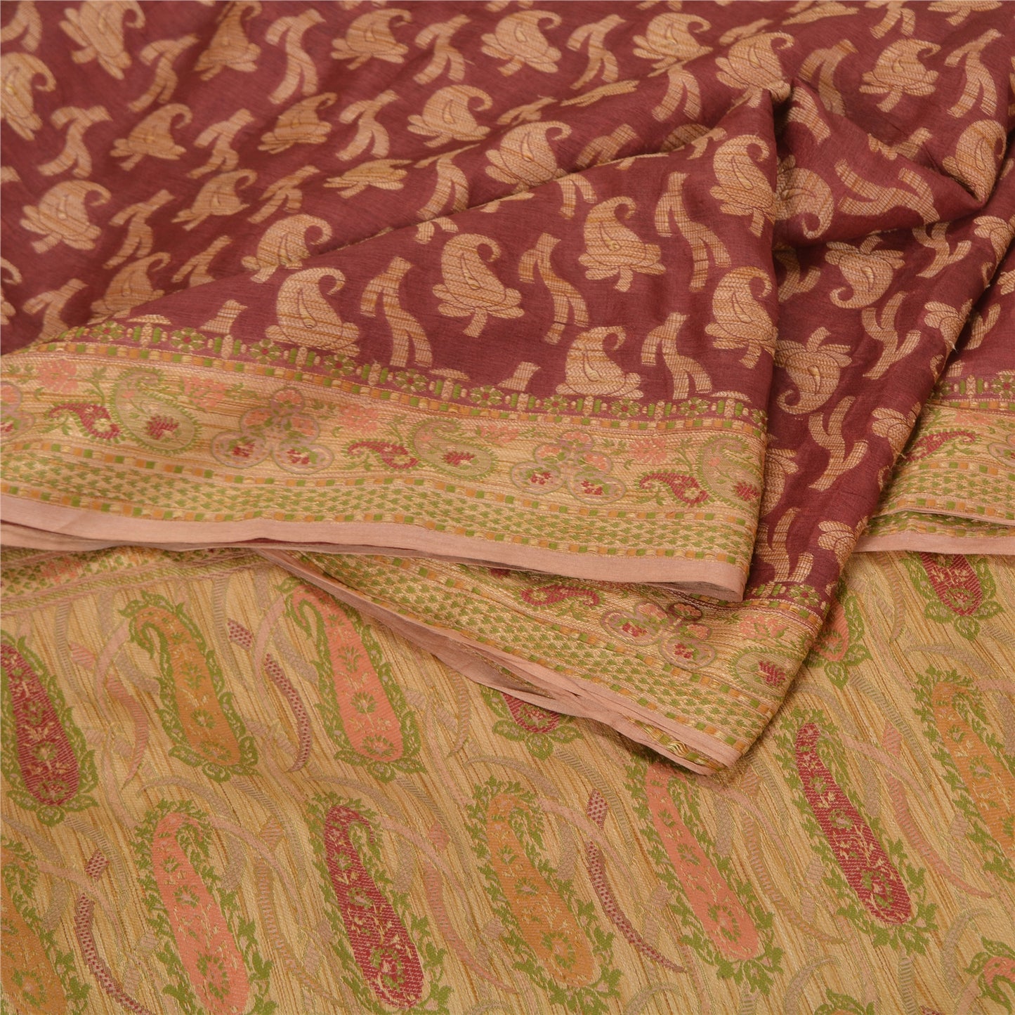 Санскрити Винтаж Крем/Темно-красные Сари Чистый Шелк Тканый Премиум Сари Экологичная Ткань