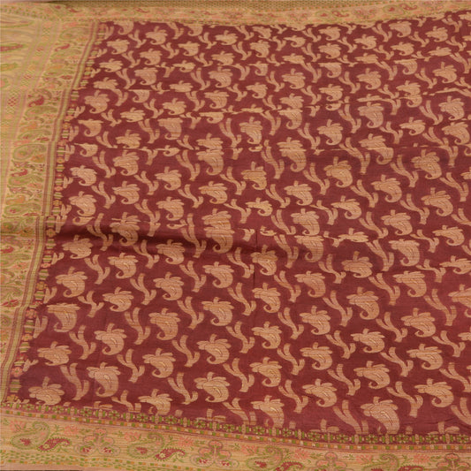 Sanskriti Vintage Cream/Dark Red Sarees Pure Silk Woven Premium Sari Sustainable Fabric