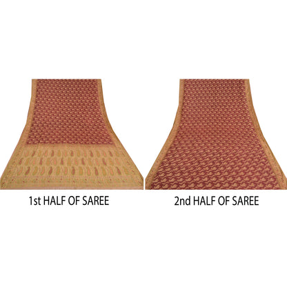 Санскрити Винтаж Крем/Темно-красные Сари Чистый Шелк Тканый Премиум Сари Экологичная Ткань