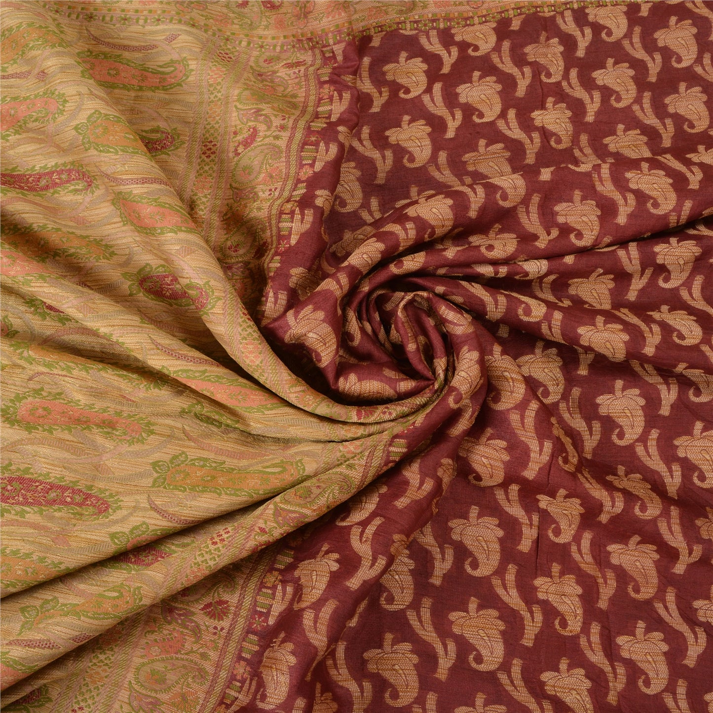 Санскрити Винтаж Крем/Темно-красные Сари Чистый Шелк Тканый Премиум Сари Экологичная Ткань