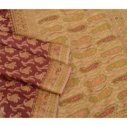 Санскрити Винтаж Крем/Темно-красные Сари Чистый Шелк Тканый Премиум Сари Экологичная Ткань
