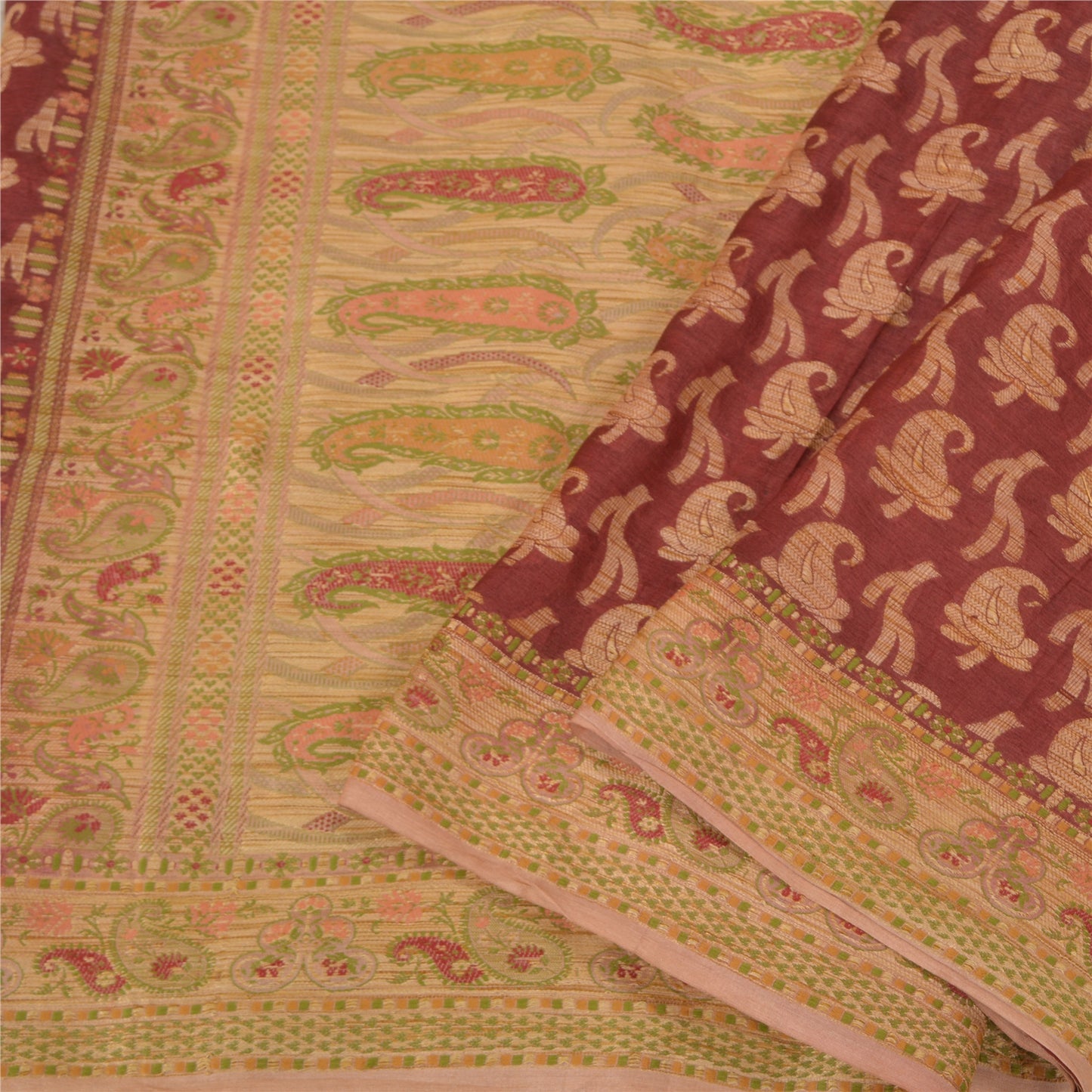 Санскрити Винтаж Крем/Темно-красные Сари Чистый Шелк Тканый Премиум Сари Экологичная Ткань