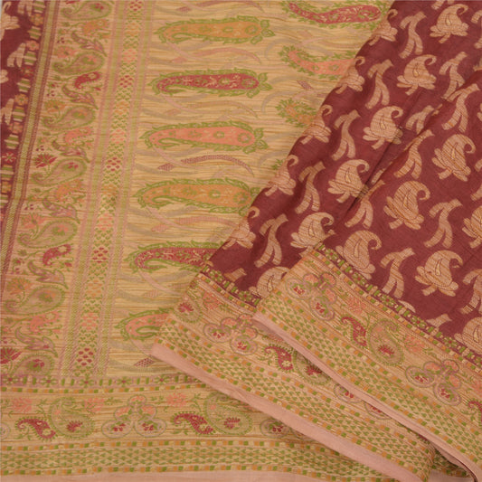Sanskriti Vintage Cream/Dark Red Sarees Pure Silk Woven Premium Sari Sustainable Fabric