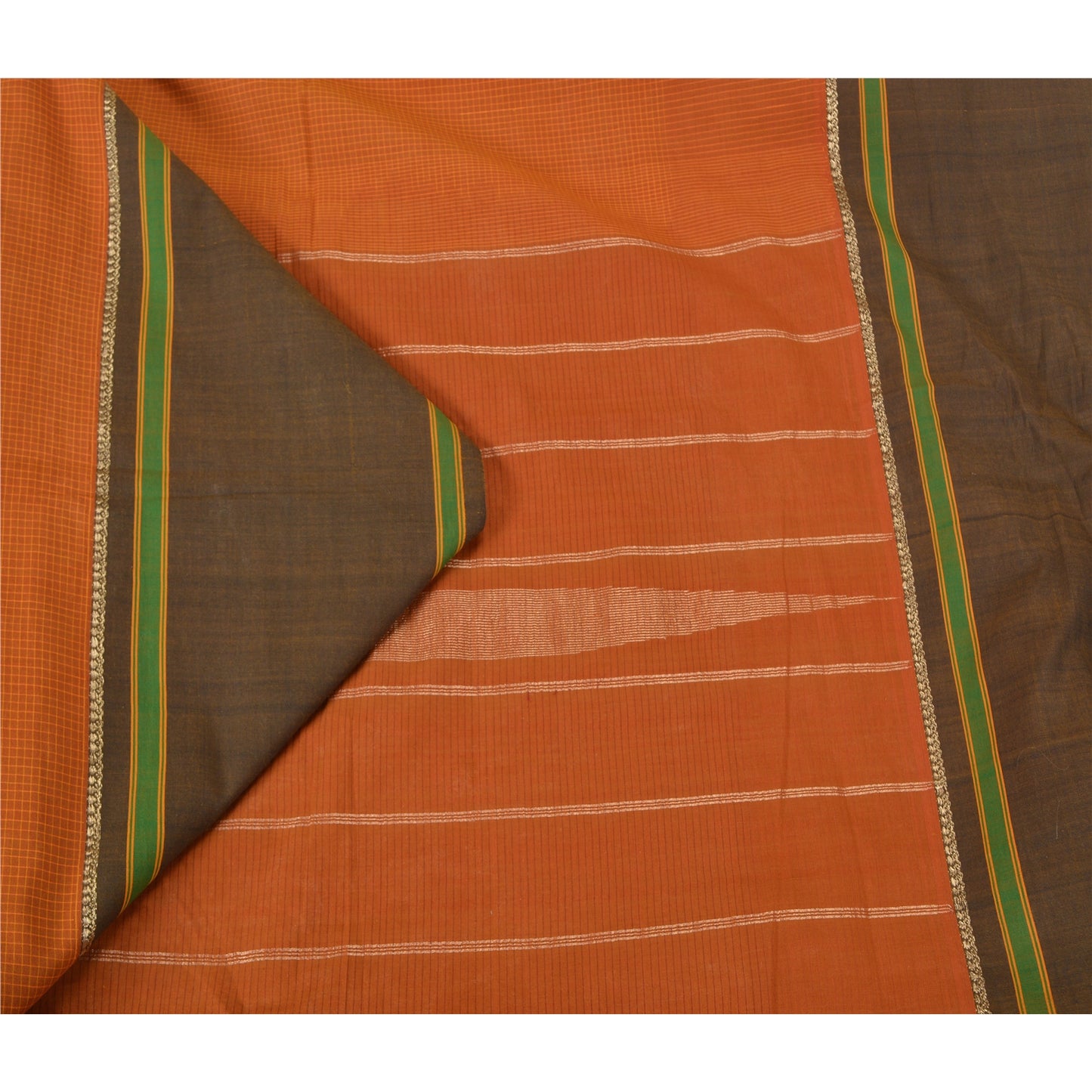 Sanskriti Vintage Saffron/Green Sarees Cotton Silk Woven Ilkal Sari 5 Yd Sustainable Fabric