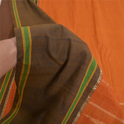 Sanskriti Vintage Saffron/Green Sarees Cotton Silk Woven Ilkal Sari 5 Yd Sustainable Fabric