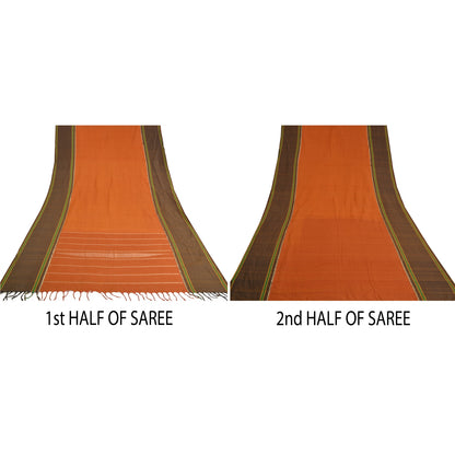 Sanskriti Vintage Saffron/Green Sarees Cotton Silk Woven Ilkal Sari 5 Yd Sustainable Fabric