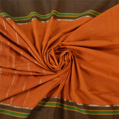 Sanskriti Vintage Saffron/Green Sarees Cotton Silk Woven Ilkal Sari 5 Yd Sustainable Fabric