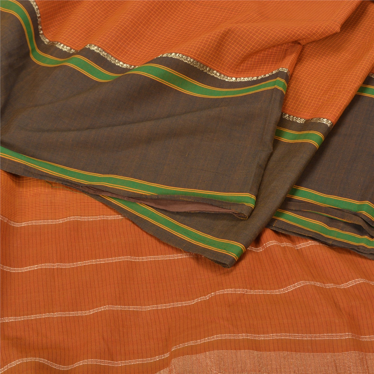 Sanskriti Vintage Saffron/Green Sarees Cotton Silk Woven Ilkal Sari 5 Yd Sustainable Fabric