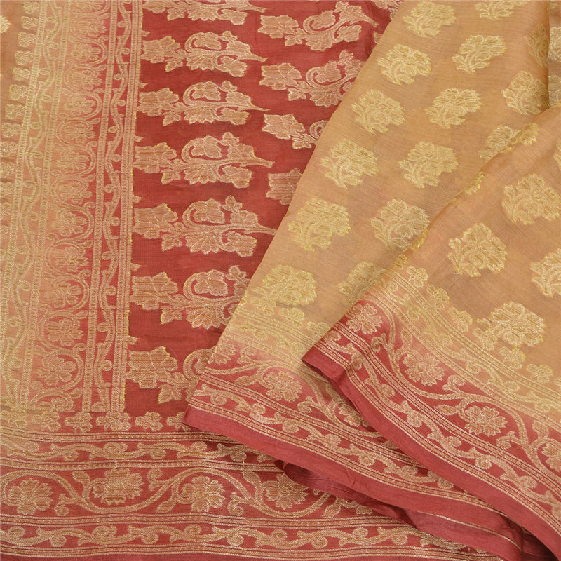 Sanskriti Vintage Fersken/Mørkerøde Sarier 100% Ren Silke Vævet Premium Sari Bæredygtigt Stoff
