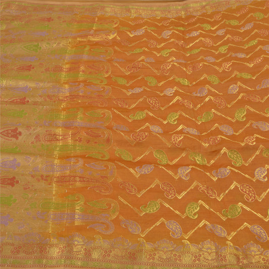 Sanskriti Vintage Saffron Indian Sarees 100% Pure Silk Woven Sari Craft Sustainable Fabric