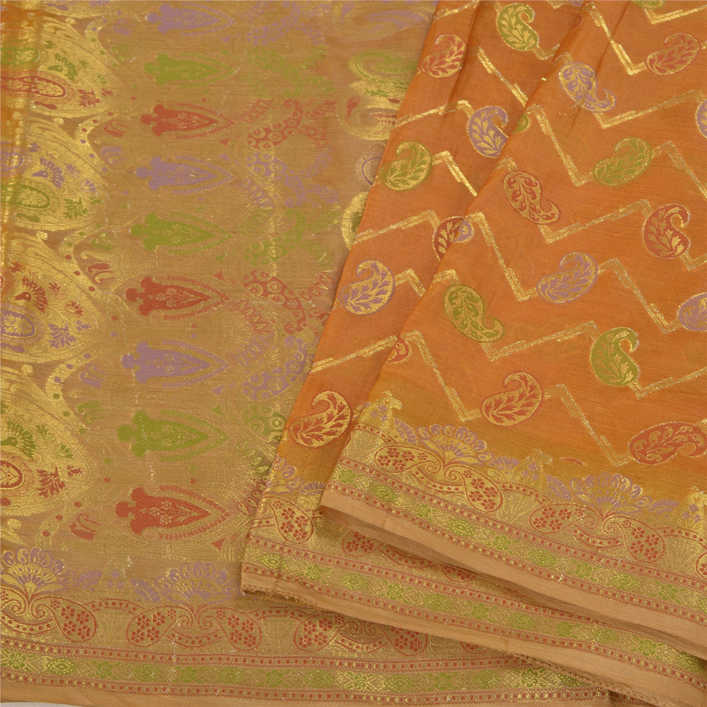 Sanskriti Vintage Saffron Indian Sarees 100% Pure Silk Woven Sari Craft Sustainable Fabric