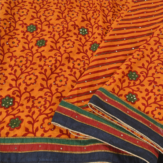 Sanskriti Vintage Saffron Sarees Blend Silk Hand Beaded Premium Sari Sustainable Fabric