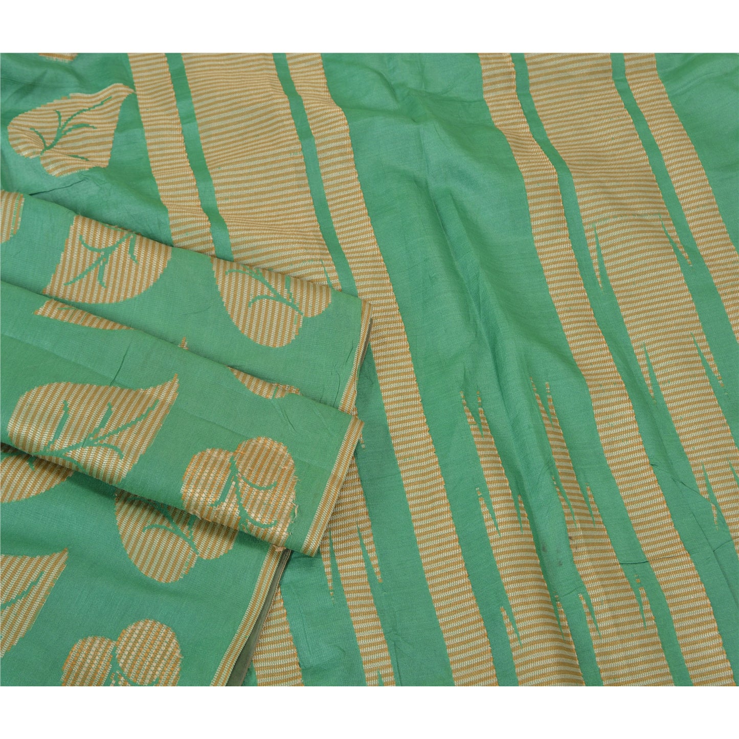 Sanskriti Vintage Green Sarees 100% Pure Silk Woven Premium Sari Craft Sustainable Fabric