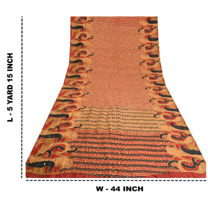 Sanskriti Vintage Golden/Red Sarees 100% Pure Silk Hand Beaded Sari Craft Sustainable Fabric