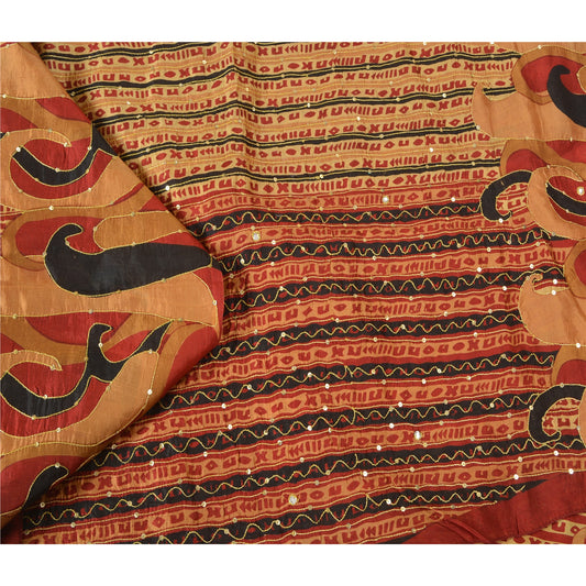 Sanskriti Vintage Golden/Red Sarees 100% Pure Silk Hand Beaded Sari Craft Sustainable Fabric