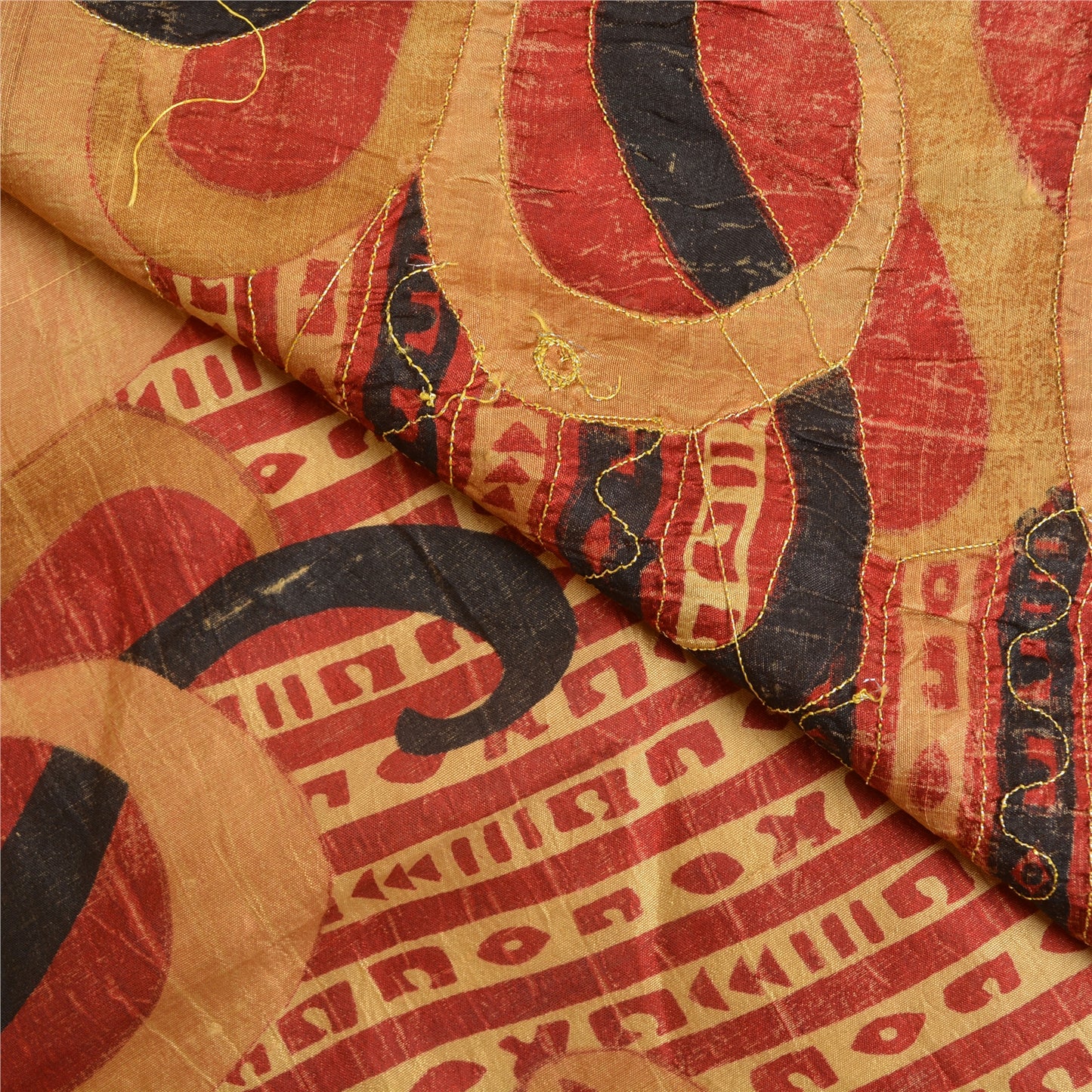 Sanskriti Vintage Golden/Red Sarees 100% Pure Silk Hand Beaded Sari Craft Sustainable Fabric