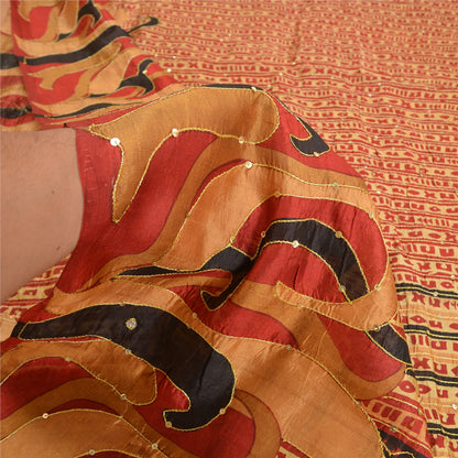 Sanskriti Vintage Golden/Red Sarees 100% Pure Silk Hand Beaded Sari Craft Sustainable Fabric
