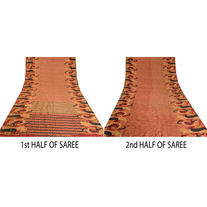 Sanskriti Vintage Golden/Red Sarees 100% Pure Silk Hand Beaded Sari Craft Sustainable Fabric