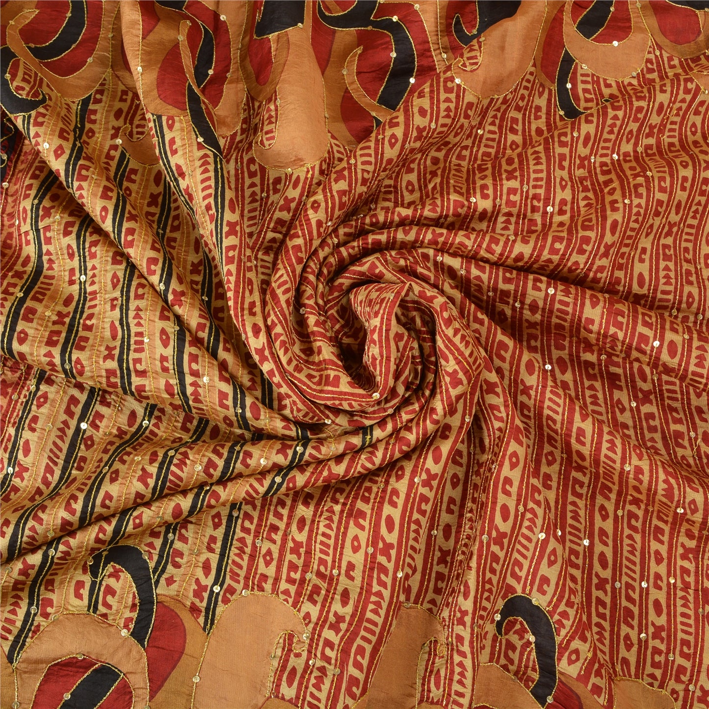 Sanskriti Vintage Golden/Red Sarees 100% Pure Silk Hand Beaded Sari Craft Sustainable Fabric