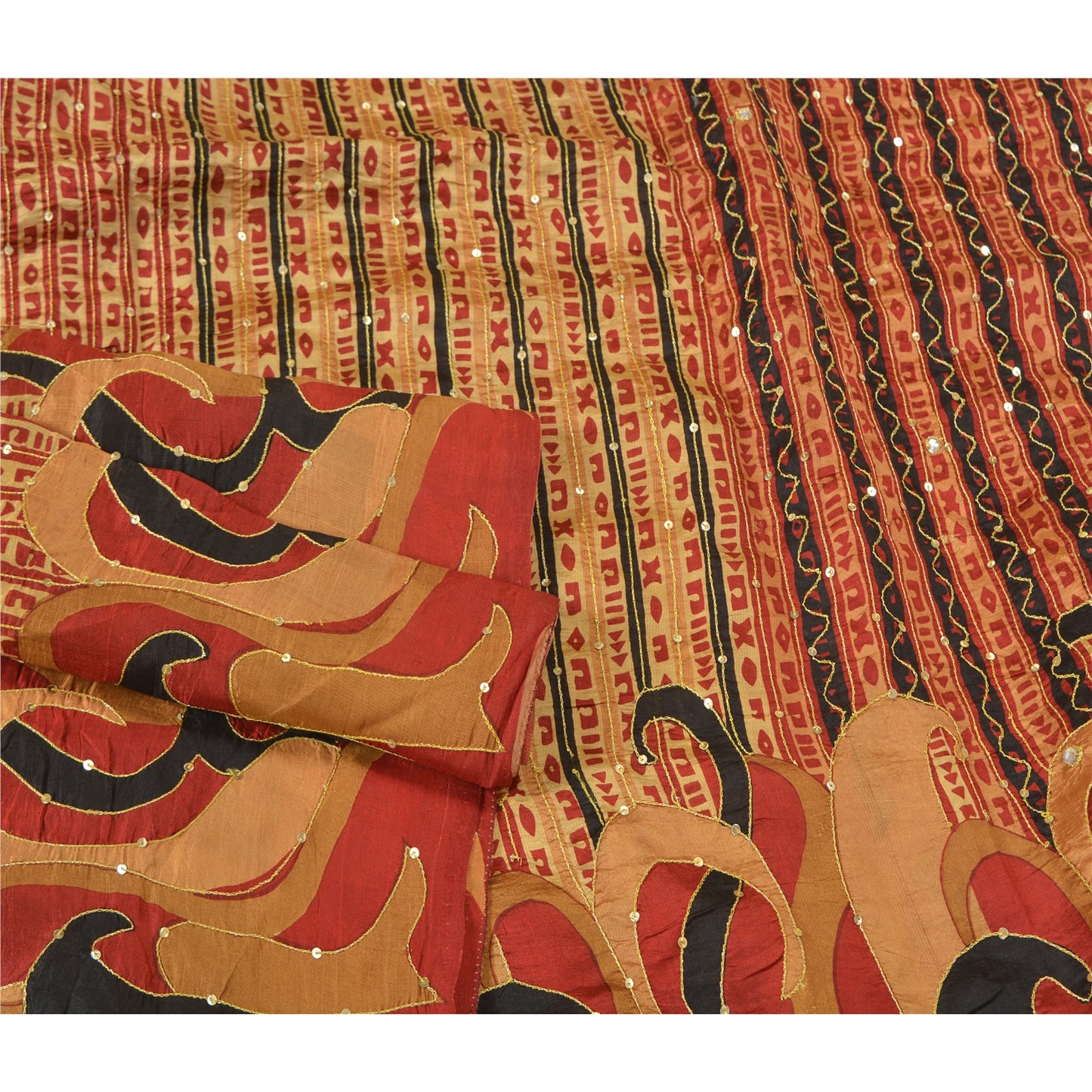 Sanskriti Vintage Golden/Red Sarees 100% Pure Silk Hand Beaded Sari Craft Sustainable Fabric