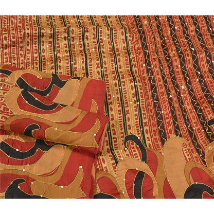 Sanskriti Vintage Golden/Red Sarees 100% Pure Silk Hand Beaded Sari Craft Sustainable Fabric