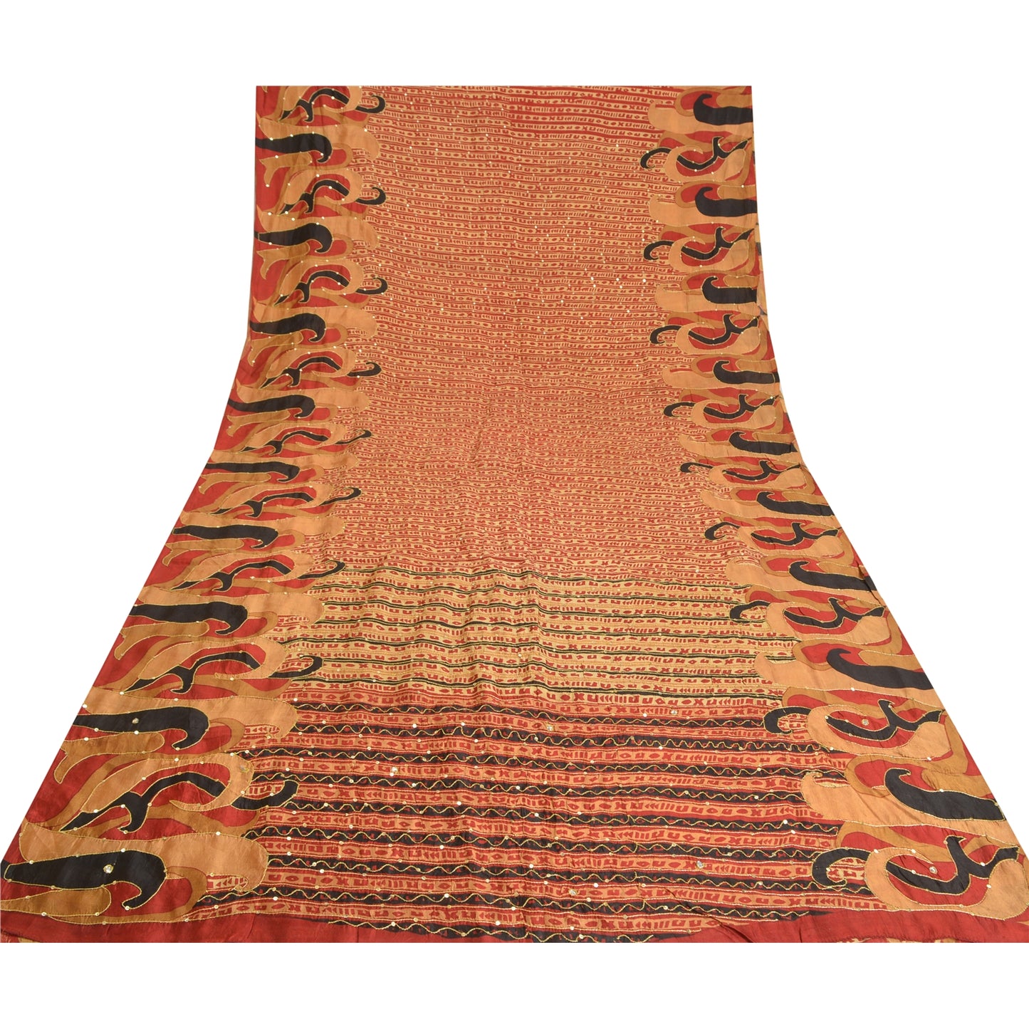 Sanskriti Vintage Golden/Red Sarees 100% Pure Silk Hand Beaded Sari Craft Sustainable Fabric