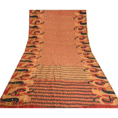 Sanskriti Vintage Golden/Red Sarees 100% Pure Silk Hand Beaded Sari Craft Sustainable Fabric