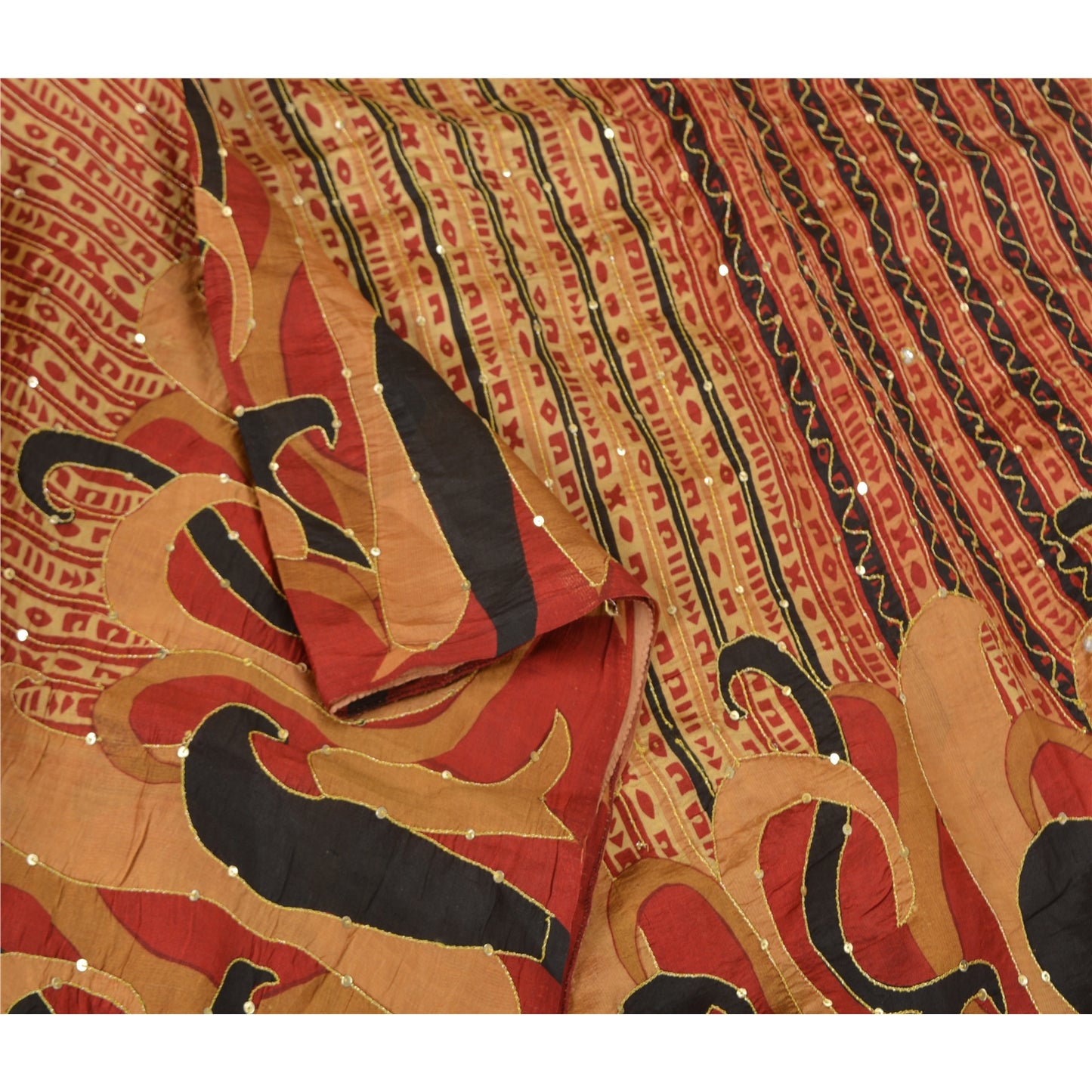 Sanskriti Vintage Golden/Red Sarees 100% Pure Silk Hand Beaded Sari Craft Sustainable Fabric