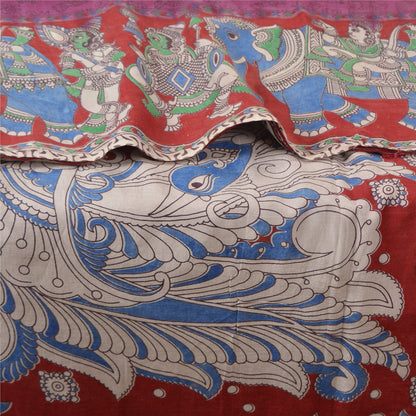 Sanskriti Vintage Purple/Blue Sarees Pure Cotton Handmade Kalamkari Sari Sustainable Fabric