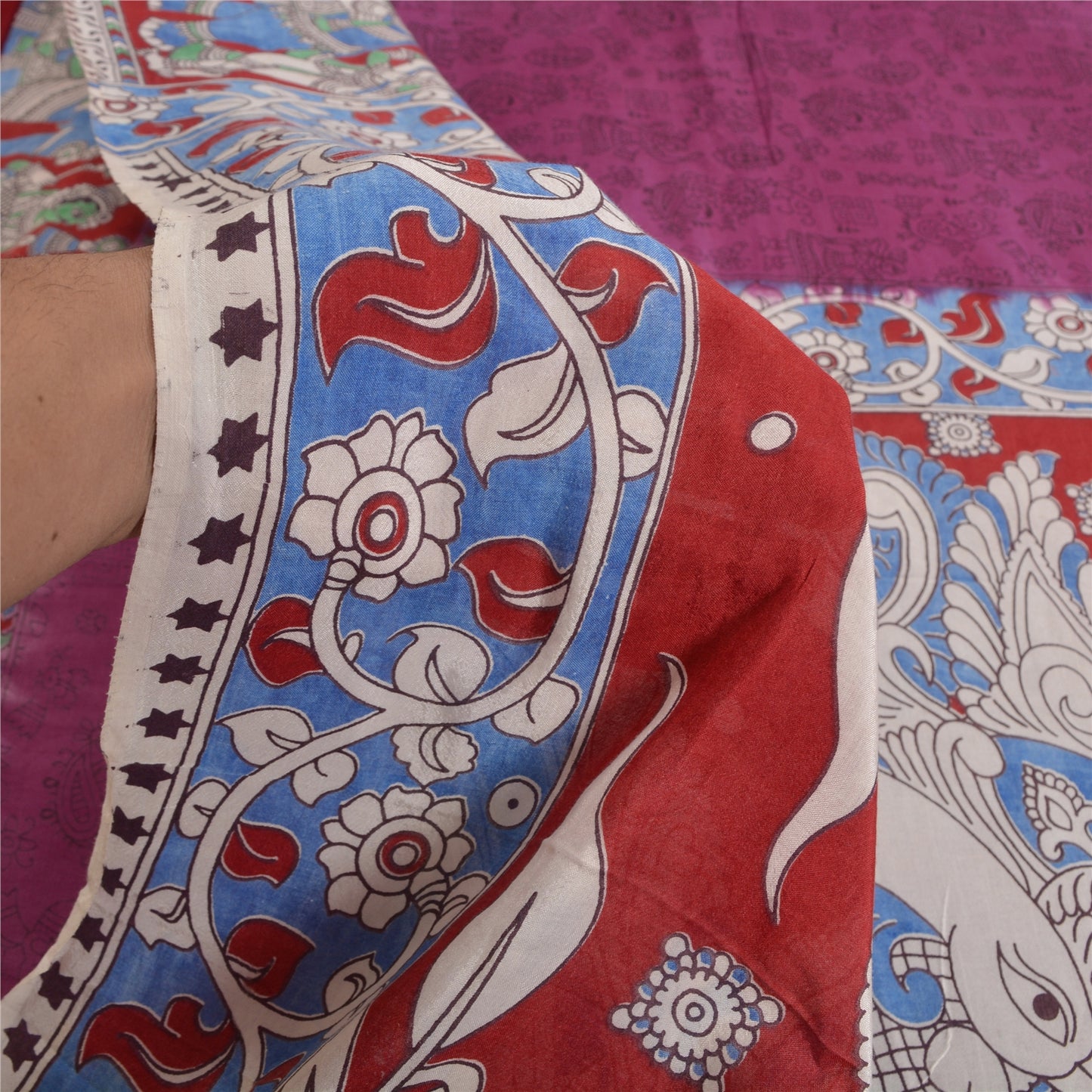 Sanskriti Vintage Purple/Blue Sarees Pure Cotton Handmade Kalamkari Sari Sustainable Fabric