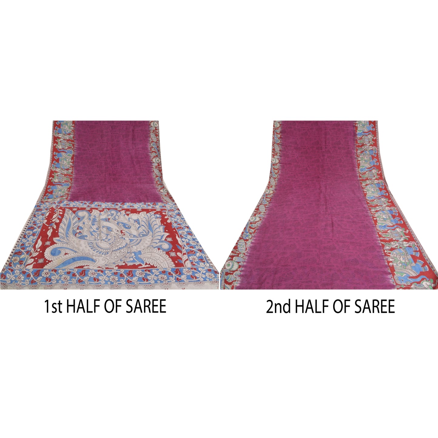 Sanskriti Vintage Purple/Blue Sarees Pure Cotton Handmade Kalamkari Sari Sustainable Fabric