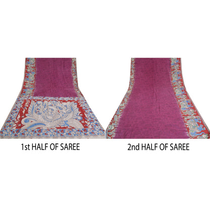 Sanskriti Vintage Purple/Blue Sarees Pure Cotton Handmade Kalamkari Sari Sustainable Fabric