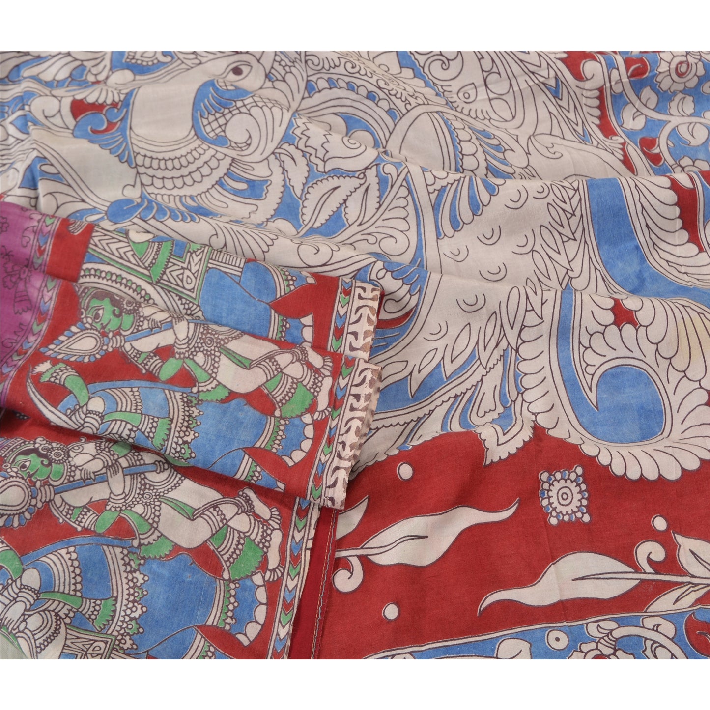 Sanskriti Vintage Purple/Blue Sarees Pure Cotton Handmade Kalamkari Sari Sustainable Fabric