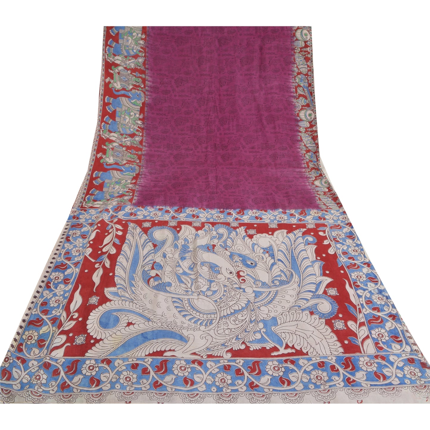 Sanskriti Vintage Purple/Blue Sarees Pure Cotton Handmade Kalamkari Sari Sustainable Fabric