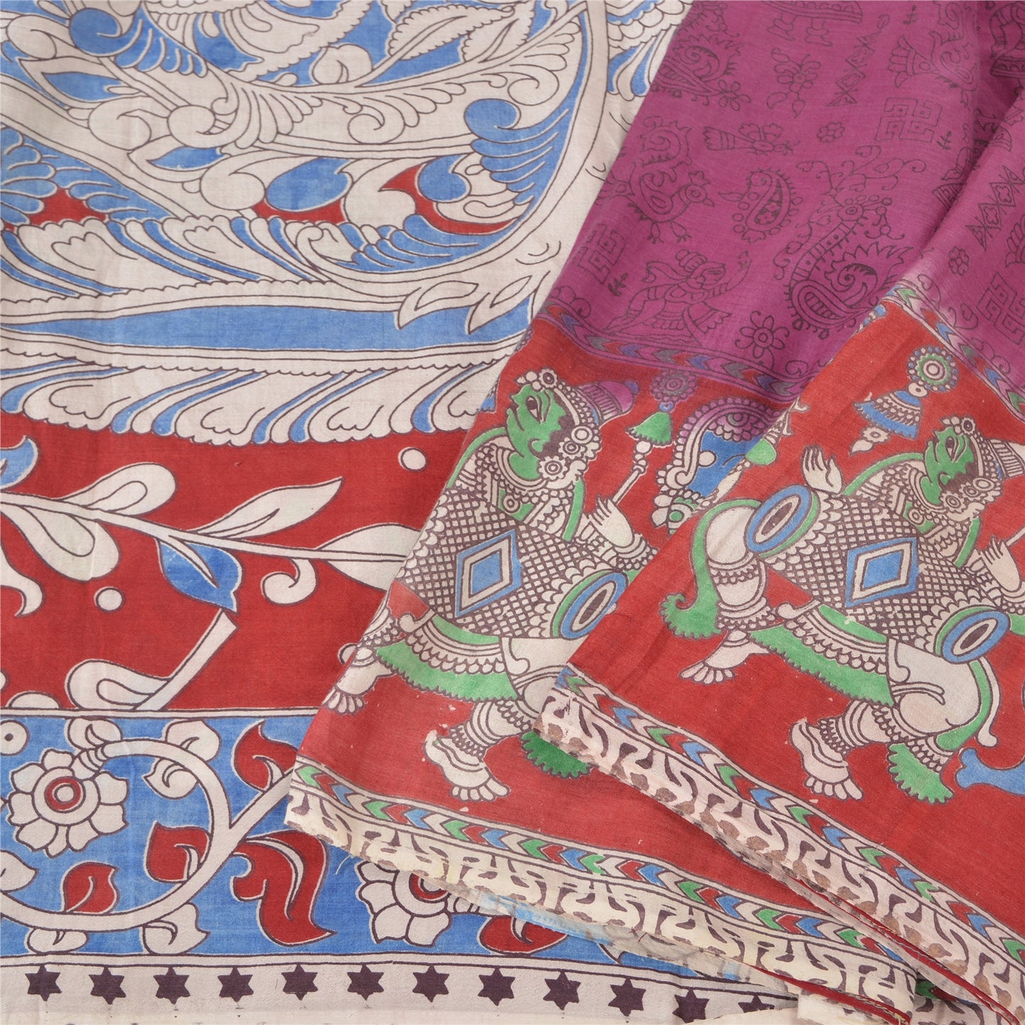 Sanskriti Vintage Purple/Blue Sarees Pure Cotton Handmade Kalamkari Sari Sustainable Fabric
