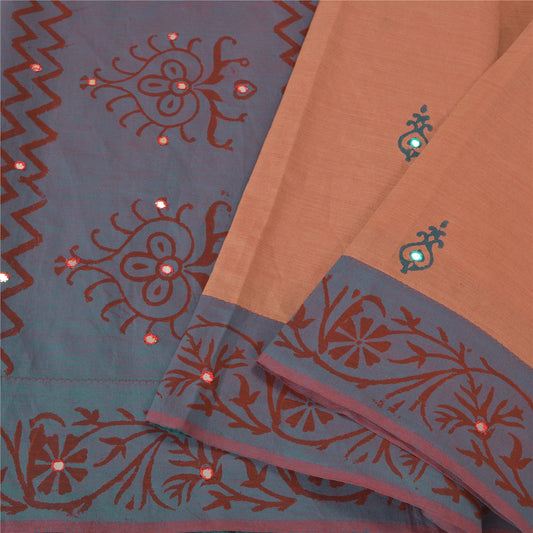 Sanskriti Vintage Peach/Blue Sarees Blend Silk Hand-Block Printed Sari Sustainable Fabric
