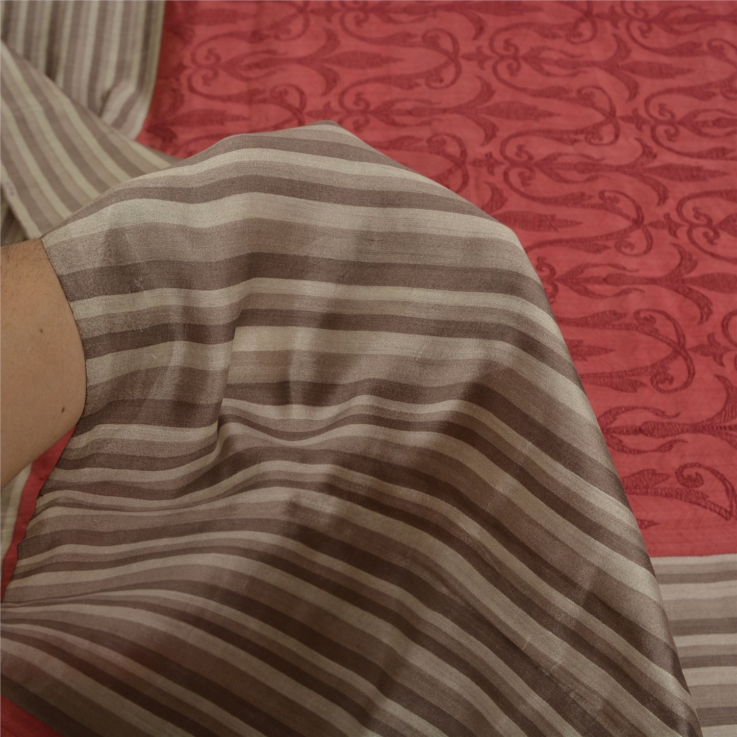 Sanskriti Vintage Grey/Dark Red Sarees Pure Silk Printed Premium Sari Sustainable Fabric