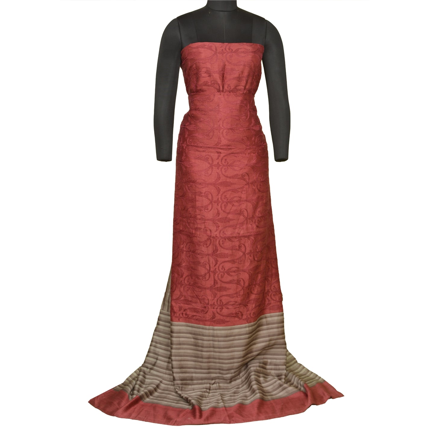 Sanskriti Vintage Grey/Dark Red Sarees Pure Silk Printed Premium Sari Sustainable Fabric