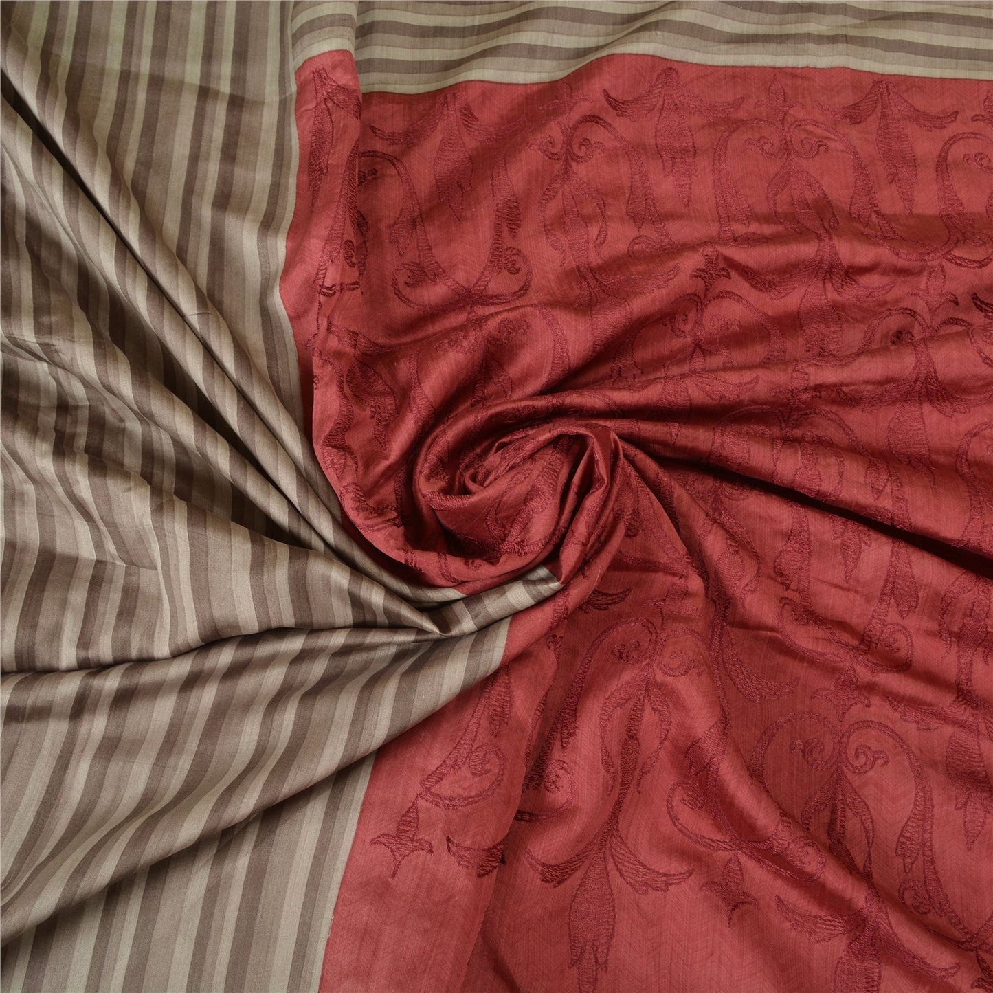 Sanskriti Vintage Grey/Dark Red Sarees Pure Silk Printed Premium Sari Sustainable Fabric