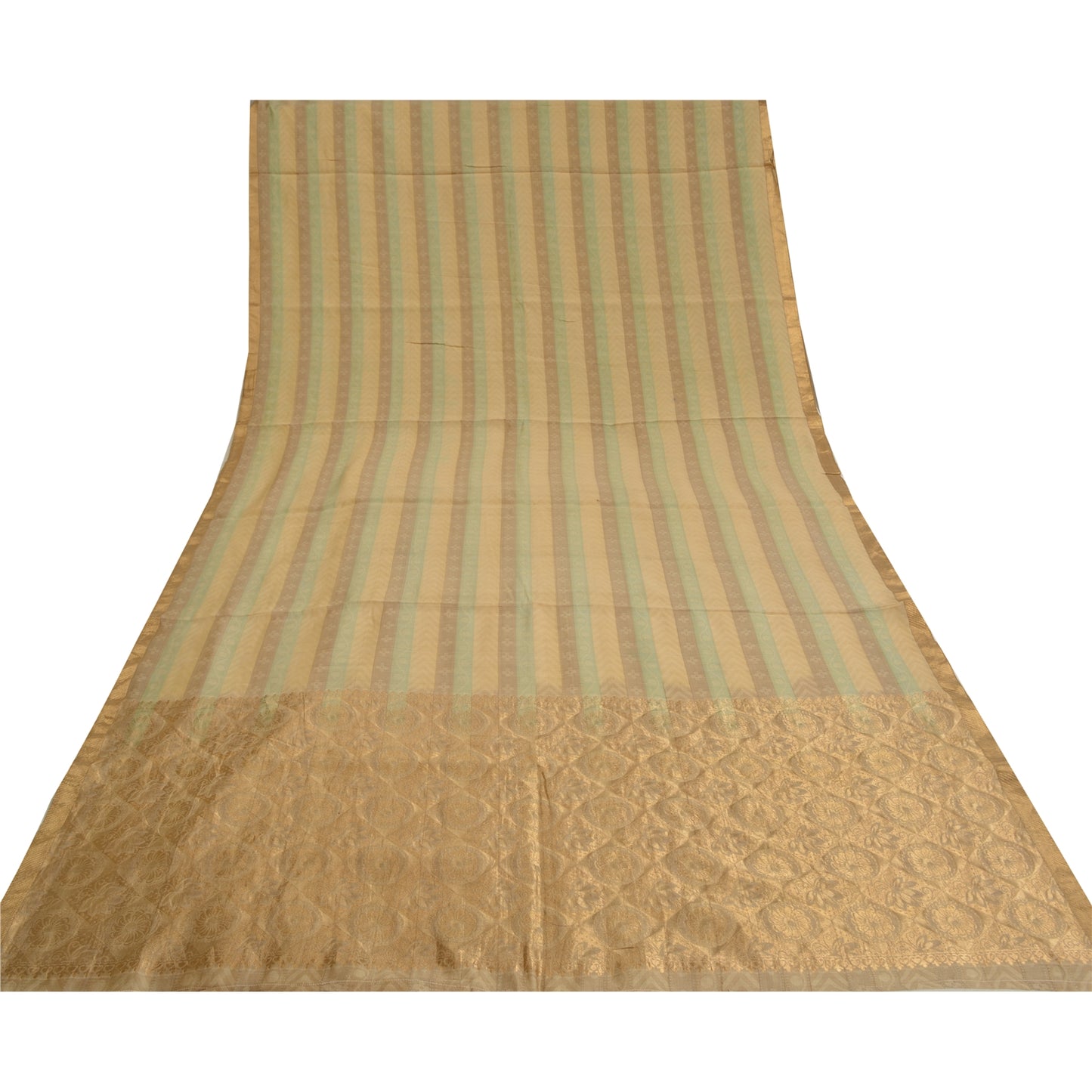 Sanskriti Vintage Brown/Green Sarees Pure Silk Woven Premium Sari Craft Sustainable Fabric