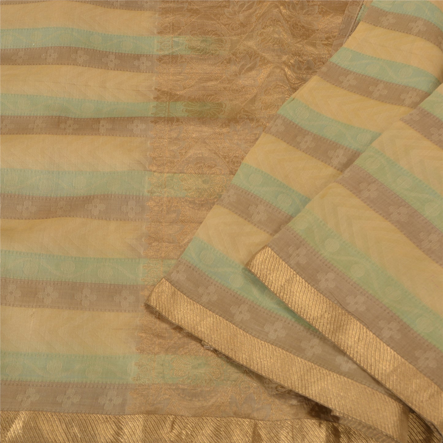 Sanskriti Vintage Brown/Green Sarees Pure Silk Woven Premium Sari Craft Sustainable Fabric