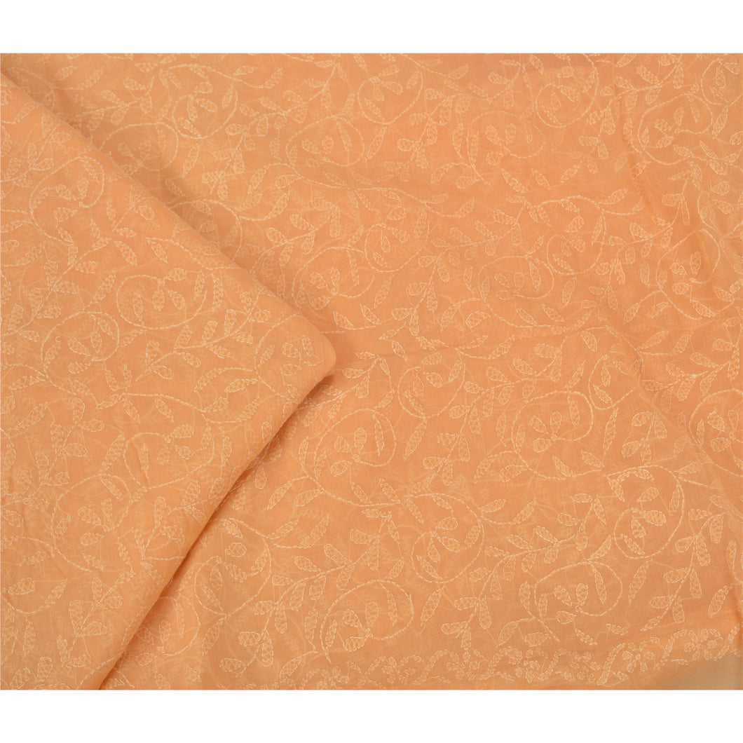 Sanskriti Vintage Peach Sarees Cotton Hand Embroidered Chikankari Sari Fabric