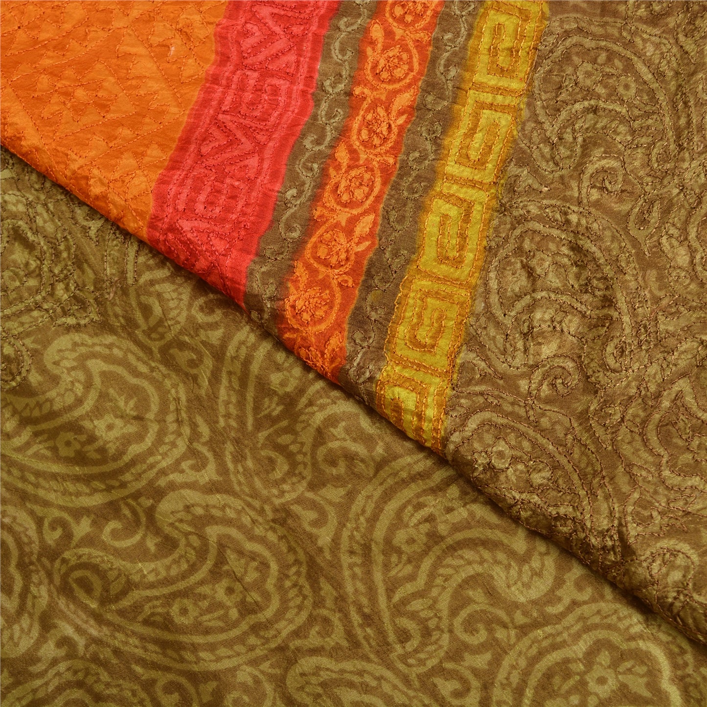 Сари Sanskriti Vintage Green/Orange из чистого шелка, расшитые вручную бисером, премиальная ткань для сари из экологически чистой ткани